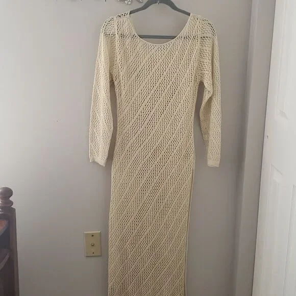 Elegant Cream Knit Dress Open Crochet Maxi With Slit Swim Cover Up - Picture 2 of 4